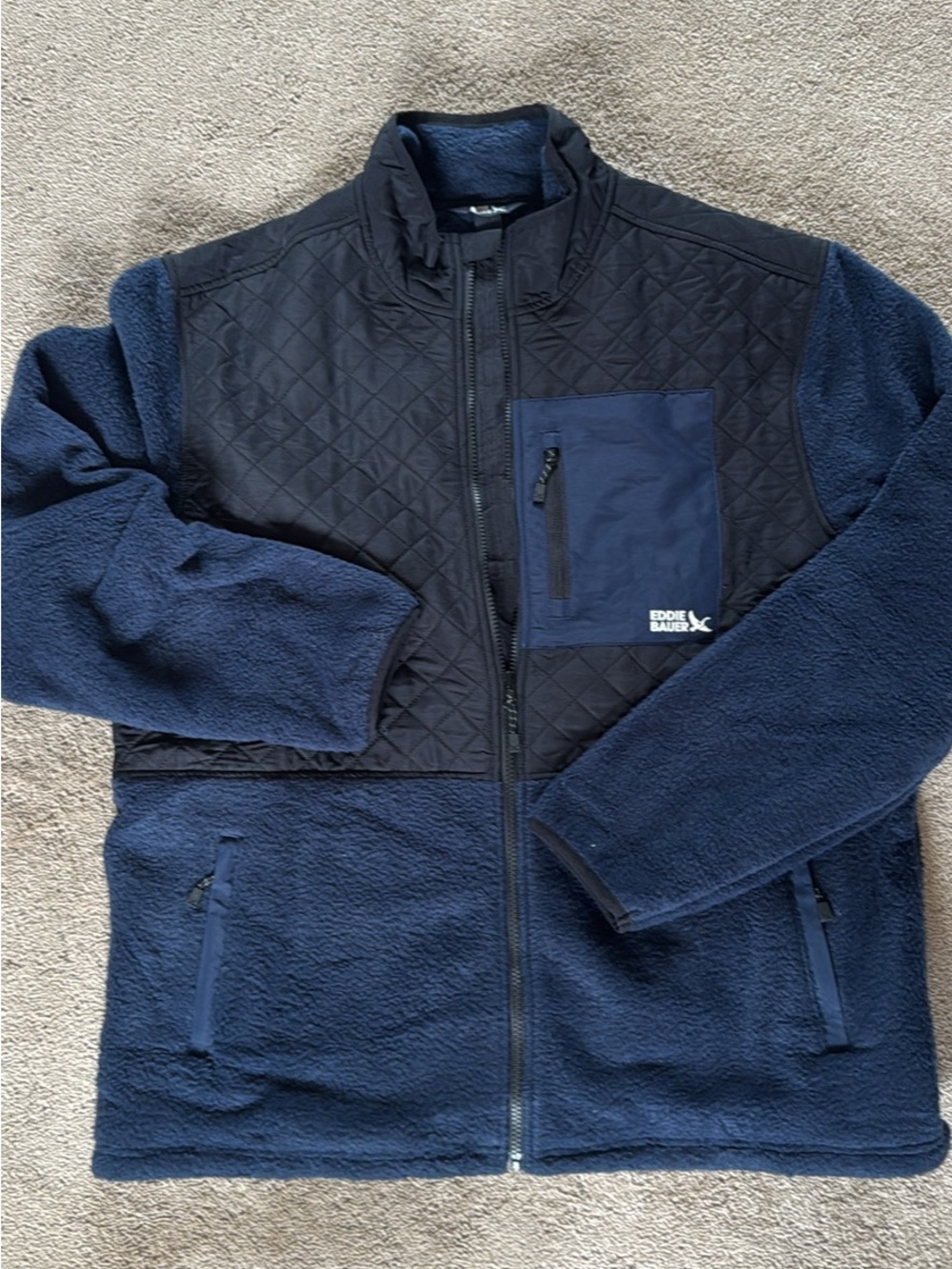 NWT Eddie Bauer Navy Quilted-Panel Fleece Jacket